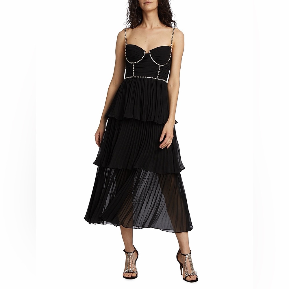 Self-Portrait Black Chiffon Midi Dress with Embellishments